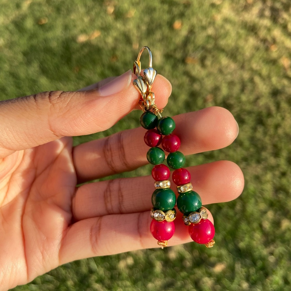 Beaded Maroon and Green Drop Earrings